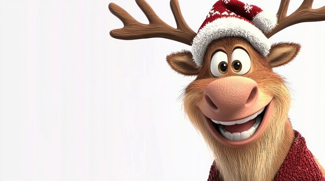 A cartoon reindeer wearing a Christmas hat, with a big smile, on a white background