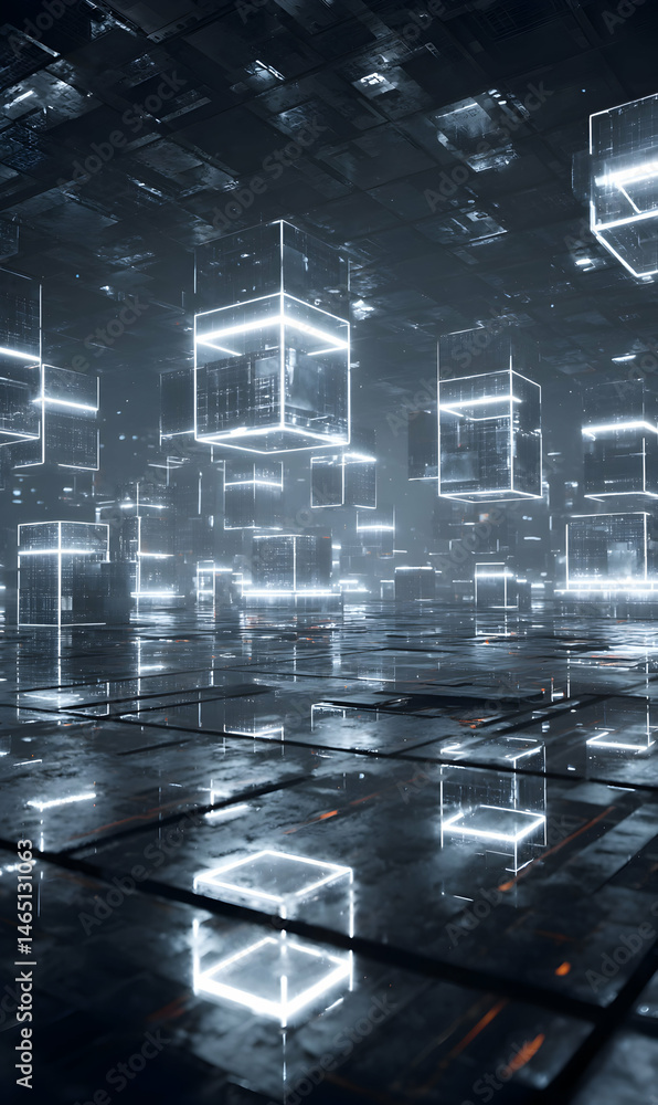 Poster illuminated geometric shapes in digital space creating an abstract, immersive and futuristic atmosph