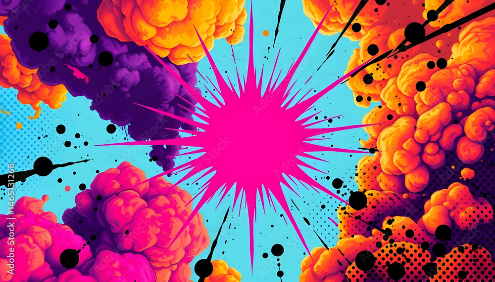 Poster abstract digital artwork of exploding clouds in orange purple and pink with ink splatters against a 
