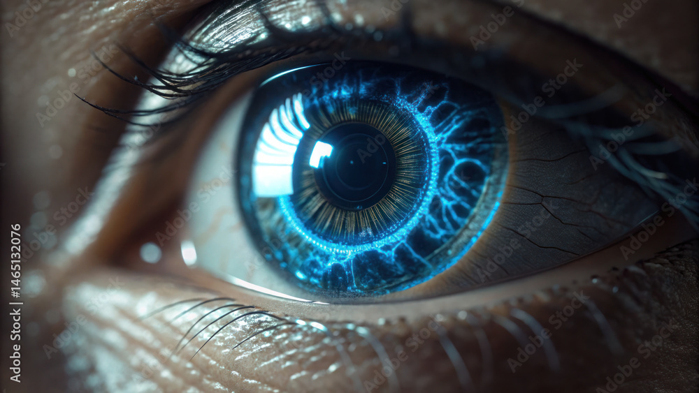 Poster close up view of cybernetic eye featuring intricate iris animations and scanning effects, showcasing