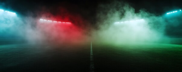 Empty stadium field at night with fog and colored light effect. Sport arena atmosphere for game, championship background. Football ground