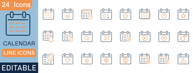 Calendar icon set. featuring date, schedule, month, week, reminder, appointment, agenda, event, and task management icons. Perfect for planners, scheduling apps, and digital organizers.