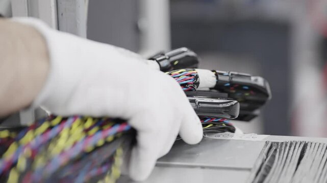 Close-up of worker gloved hands handling electrical cables in a factory setting