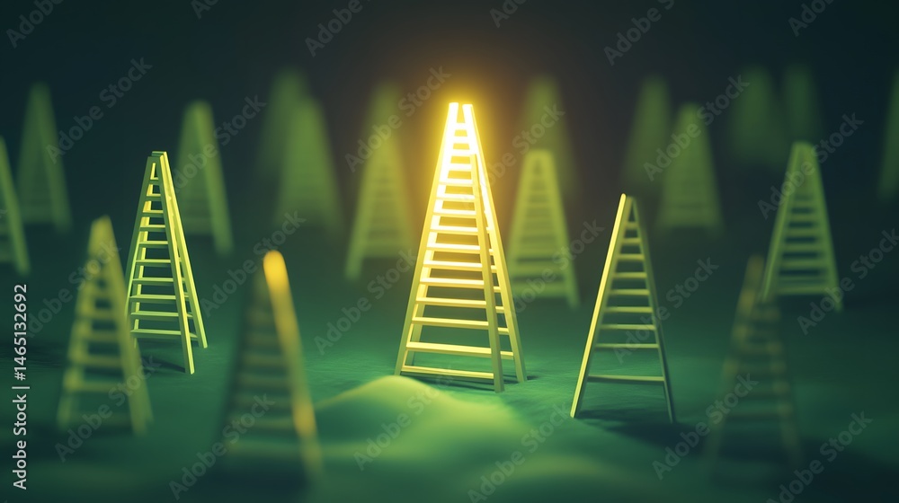 Poster illuminated ladder stands out among similar objects in a dark setting.