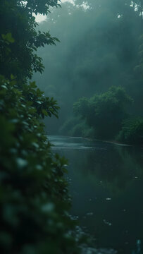 Rainy River in Lush Green Forest