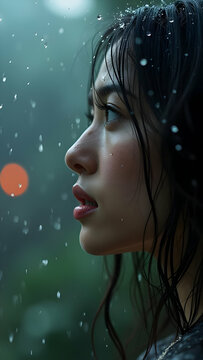 Woman's Face in the Rain: A Moment of Serene Reflection