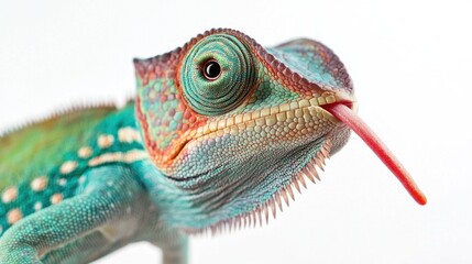 Obraz premium A chameleon stretching its tongue to catch a bug, looking focused, on a white background