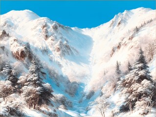 Winter Wonderland Mountain: A stunning landscape of snow-covered mountains glistens under a bright blue sky, showcasing the beauty of winter wilderness.