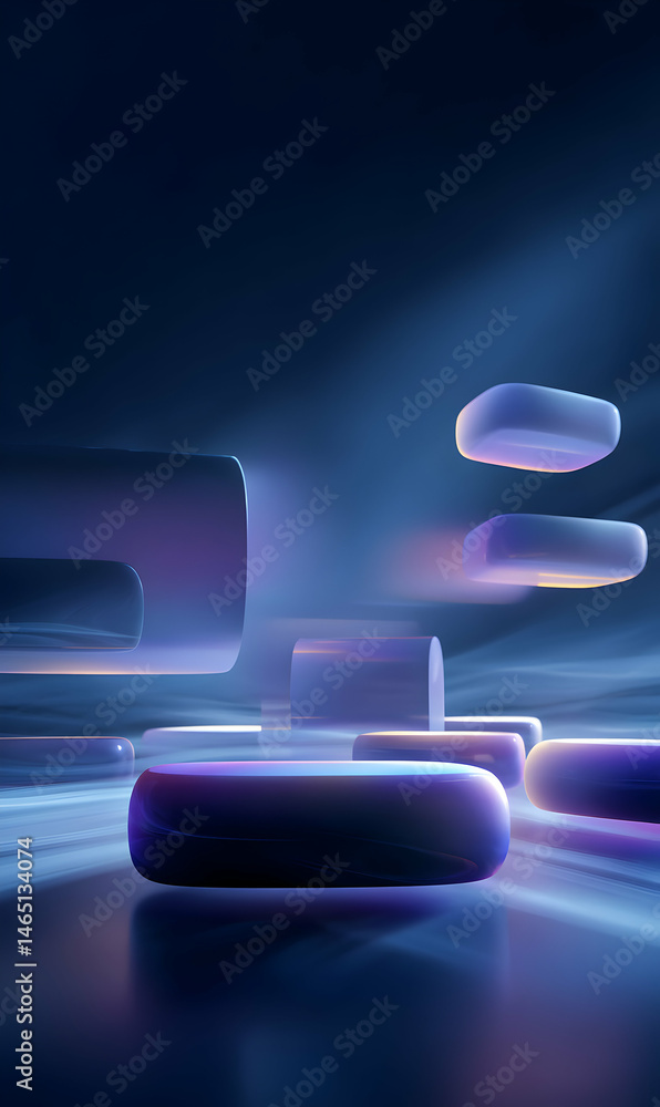 Poster illuminated abstract shapes floating in deep space offering dynamic and captivating visual experienc