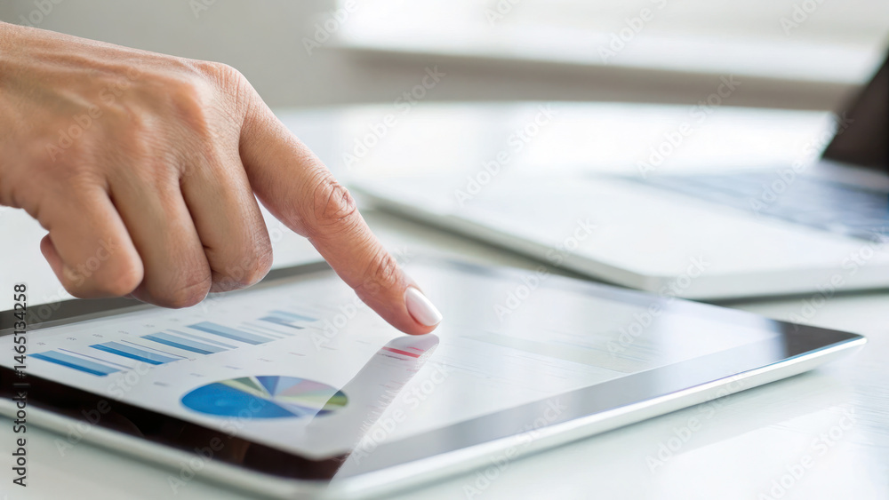 Poster person interacts with tablet displaying financial data and charts, emphasizing technology in busines