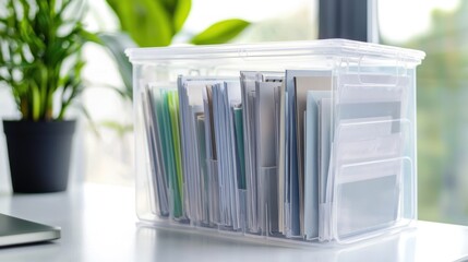 A clear plastic file organizer with documents neatly sorted inside, on a white desk.