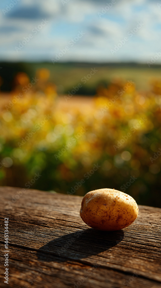 Poster a rustic single potato on a wooden table with a fuzzy summer plain background.