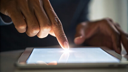 Person interacts with digital tablet, using finger to touch screen, creating glowing effect. scene conveys sense of technology
