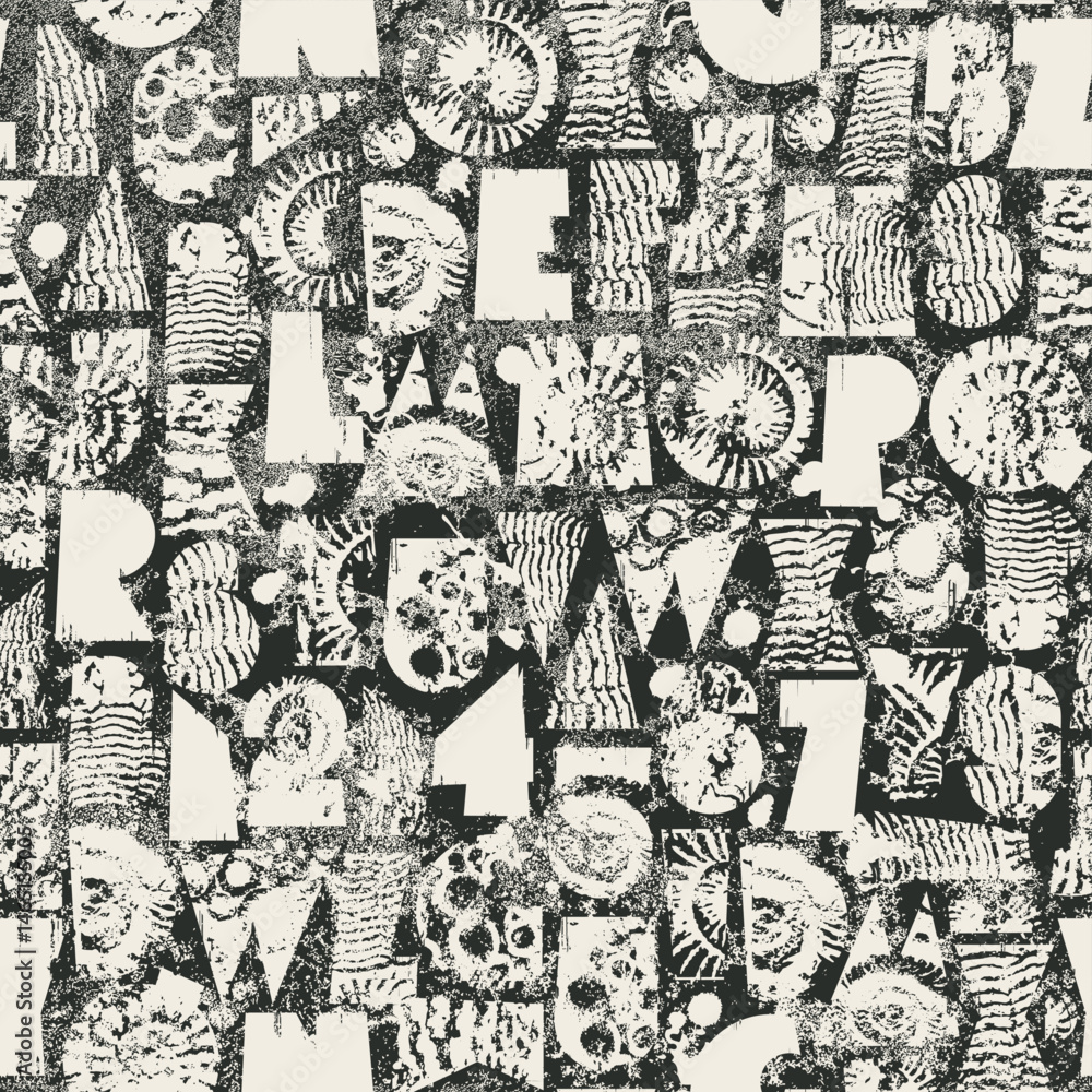 Poster abstract vector seamless background pattern with simple, thick typeface consisting of geometric shap