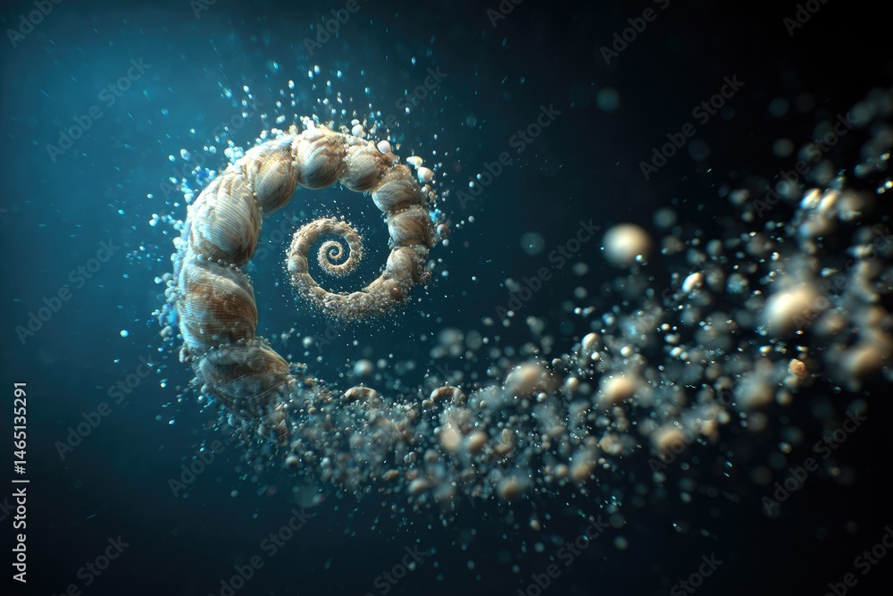 Poster spiral form: a mesmerizing view of a spiraling shape emerging from particles, floating in a cool, da