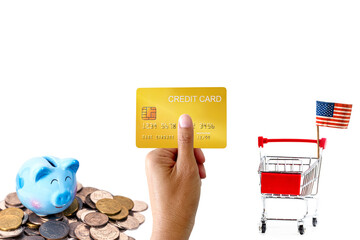 Asian woman hand with mockup demo credit card isolated on white background 