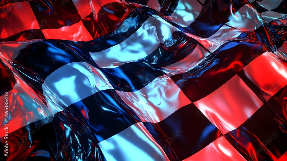 Poster dynamic checkered flag design in vibrant colors.