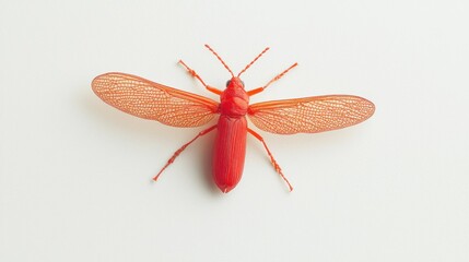 A close-up of a bright red net-winged beetle against a white background