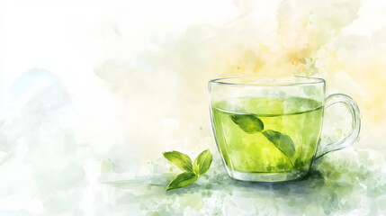 Watercolor Illustration of green tea. Watercolor illustration of non-alcoholic drinks on white background.