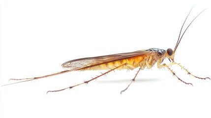 A close-up of a bristletailâ€™s segmented body and long antennae, isolated on white