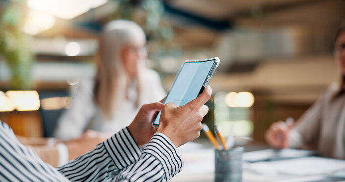 Business, hands and meeting with phone in office for email marketing, SEO tools or digital collaboration with notification. Creative person, check website traffic or social media insight with team