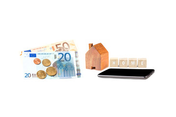 Euro banknote and coin isolated on white background.