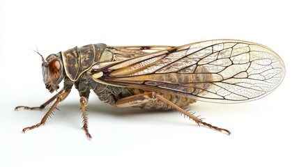 A close-up of a cicada resting with transparent wings folded on a white background