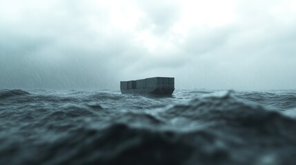 Mysterious structure amidst stormy sea, imposing dark silhouette rising from turbulent waters under cloudy sky, dramatic atmosphere.