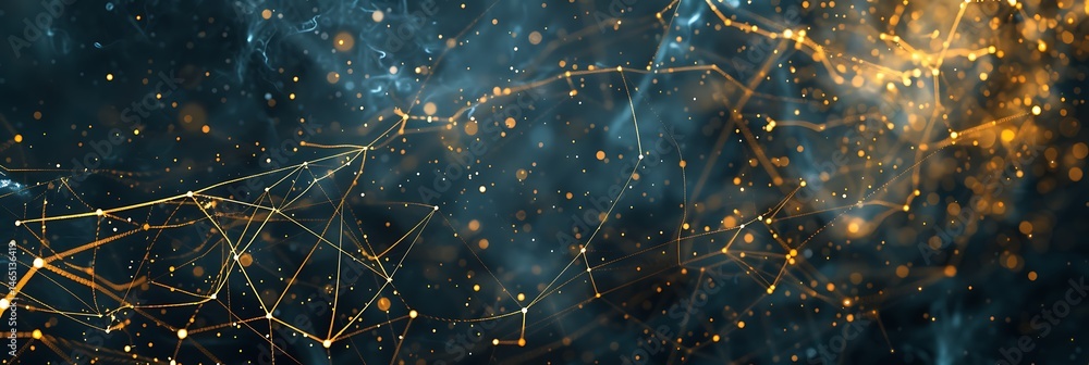 Poster abstract cosmic background with glowing golden and blue interconnected lines forming a network over 