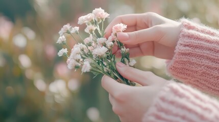 Fototapeta premium Gentle hands holding delicate white flowers, cozy sweater, serene atmosphere, perfect for nature-themed projects or personal moments.