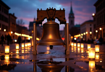 Fototapeta premium A historic bell surrounded by glowing candles at dusk in a city square