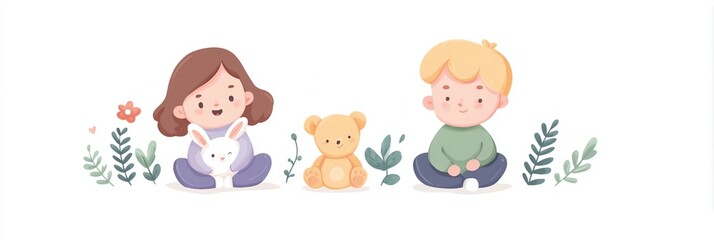 Girl and a boy are sitting in a field with a teddy bear and a rabbit.