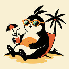 Retro Penguin Beach Chill Minimalist Cartoon Vector Illustration
