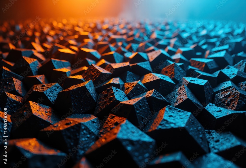 Poster textured surface with geometric shapes illuminated by blue and orange light