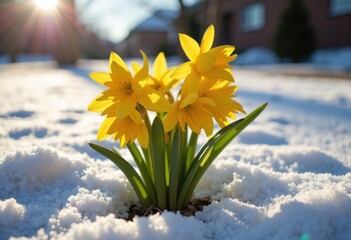 Bright yellow daffodils blooming through the snow in early spring sunlight