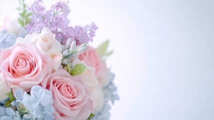 Soft pastel floral arrangement, delicate roses and blue blooms with lush greenery, elegant backdrop for invitations or decor.