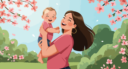 Adobe Illustrator Artwork Blissful vector flat illustration of a joyful mother holding her happy baby outdoors amidst blooming spring flowers. Perfect for celebrating Mother's Day and the joy of paren