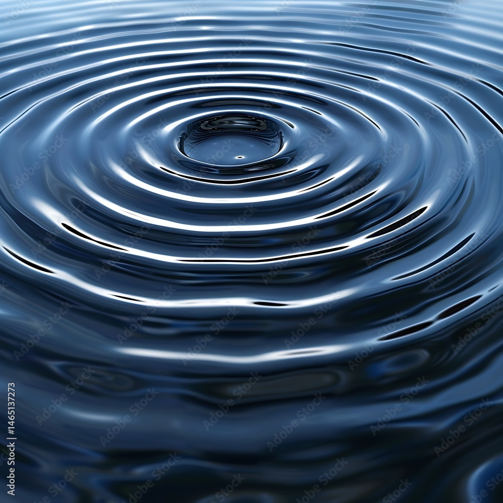 Poster deep blue water surface with concentric ripples emanating from a central point. evokes tranquility, 