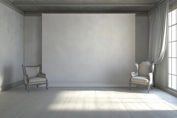 Empty room with two antique armchairs and a blank wall.  Sunlight streams in through large windows