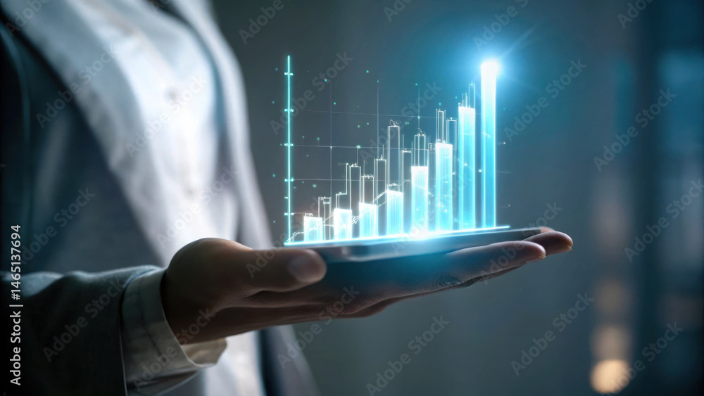 Poster hand holds device displaying floating holographic graph, symbolizing growth and innovation in techno