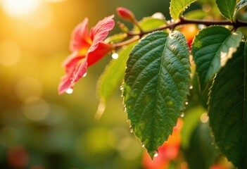 Dew-kissed flowers and leaves glisten in the warm sunlight