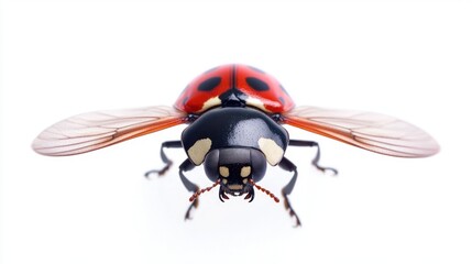 Fototapeta premium A close-up of a ladybird with open wings, preparing to take off, isolated on white