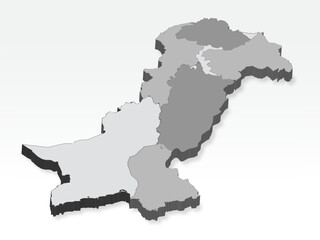 3D  Pakistan map with all Regions in gray. Three dimensional map Republic of Pakistan with shadow  on white background for your design, app, UI.  EPS10. 