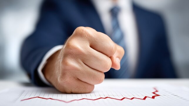 A clenched fist over a declining financial graph symbolizes frustration and determination in business.