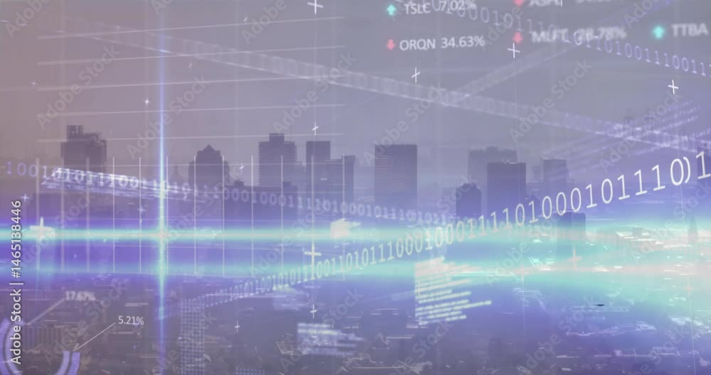 Poster digital urban skyline being visualized at dusk, displaying floating binary and rising stock tickers
