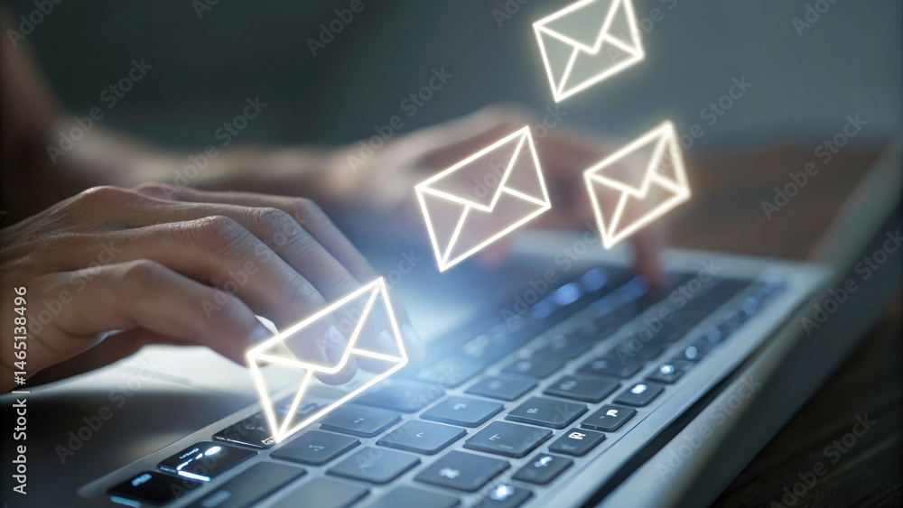 Poster hands typing on laptop keyboard with glowing email icons representing communication and digital inte