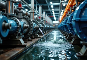 Fototapeta premium Industrial water treatment system with pipes and machinery in a factory setting