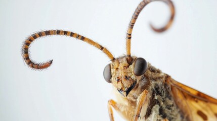 A close-up of a male scorpionfly with its curled tail, isolated on a white background