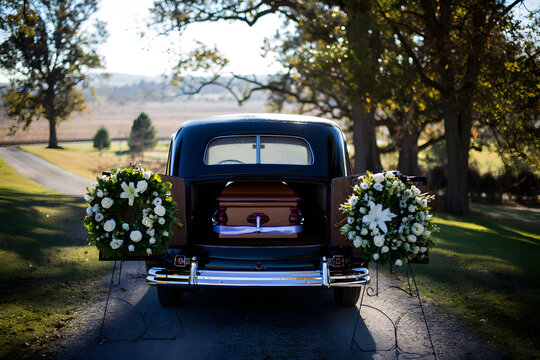 A  black retro, vintage, old funeral hearse carries a casket adorned with flowers, depicted near a church and natural landscape.