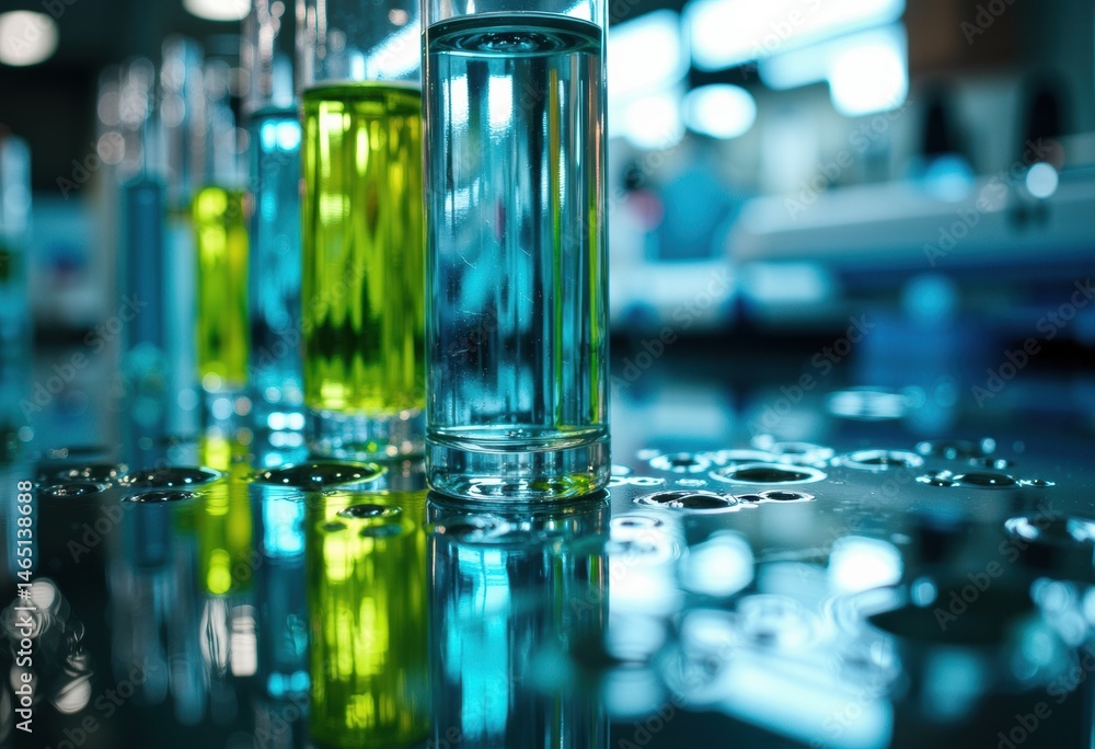 Poster laboratory test tubes filled with colorful liquids arranged on a reflective surface in a modern scie